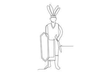 A man wearing traditional Dayak clothing complete with a mandau and talawang. Dayak concept one-line drawing