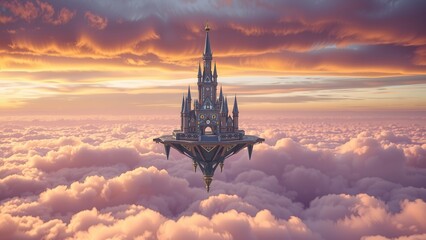 A whimsical castle floats gracefully above a sea of clouds, bathed in the warm glow of a sunset.