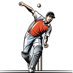 Cricket player in action throwing ball with batsman waiting behind wickets and protective gear on field