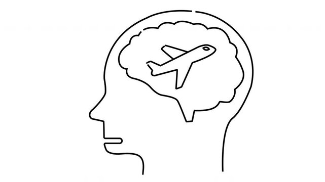 Black outline of a head with a brain shaped like clouds and an airplane inside