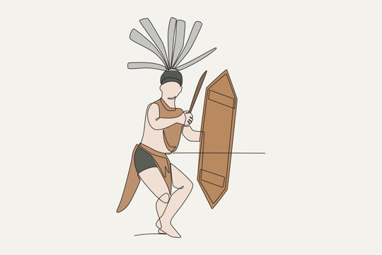 Colored a man wearing traditional Dayak clothing complete with a mandau and talawang. Dayak concept one-line drawing