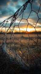 Worn wire fence silhouette at sunrise revealing a vast field and cloudy sky