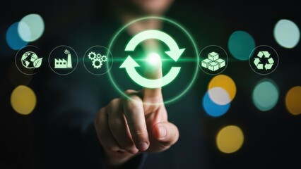 A finger touching a glowing circular with green arrows and various around it on a dark background with colorful bokeh lights