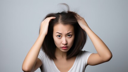 Naklejka premium woman very sad and upset looking at damaged hair, hair loss, hair thinning problem, vitamin deficiency, baldness, postpartum, biotin, zinc, menstrual or endocrine disorders, hormonal imbalance