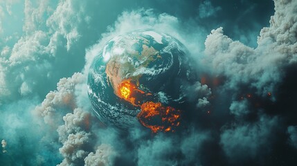 3.A futuristic digital art representation of global warming, featuring an Earth partially covered in wildfire smoke, with swirling hurricanes forming over the oceans, emphasizing the extreme climate