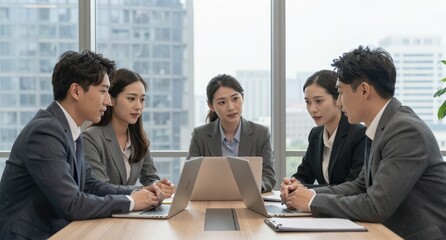 Business Team Meeting at Desk Collaboration and Modern Office