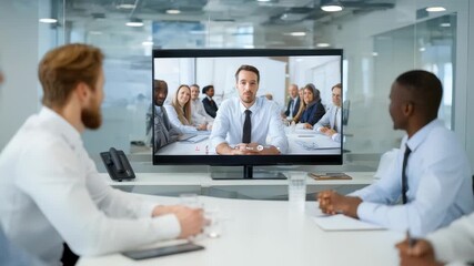 Corporate employees gather around a conference table, interacting with remote colleagues via a large video call display. The workspace reflects a dynamic, technology driven business environment - Powered by Adobe