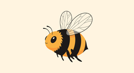 A cute and chubby cartoon bee with black and yellow stripes, tiny wings, and a happy face, flying against a soft cream background.