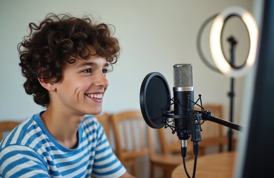 Young boy with curly hair smiles while talking into microphone for podcast or video recording. He is in a room with a ring light and computer setup.