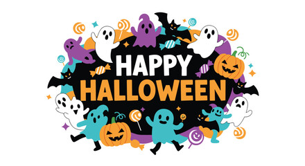 A cheerful and colorful 'Happy Halloween' greeting card illustration featuring cute ghosts, jack-o'-lanterns, bats, and candy, perfect for festive celebrations.