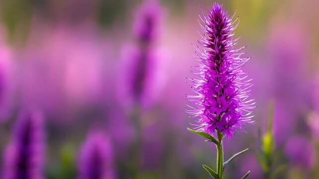 109.A close-up macro shot of a single Meadow Blazing Star, showcasing the intricate, feathery texture of its vibrant purple petals, with a blurred meadow of flowers in the background.