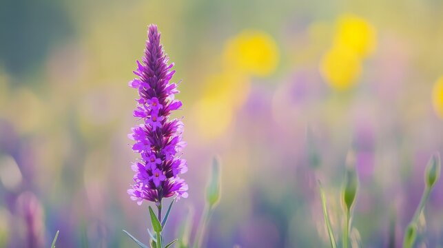 109.A close-up macro shot of a single Meadow Blazing Star, showcasing the intricate, feathery texture of its vibrant purple petals, with a blurred meadow of flowers in the background.