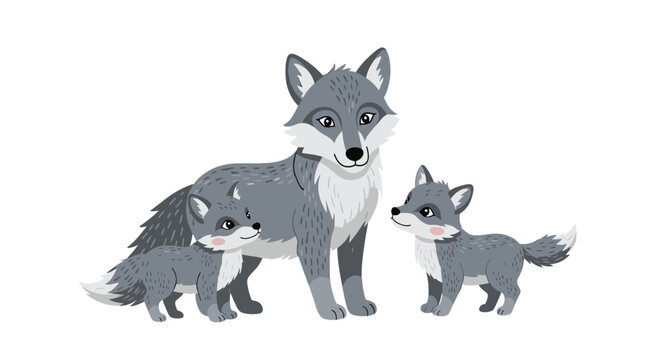 Family of three wolves stands together in a gray illustrated scene showing an adult and two pups in a calm protective posture.