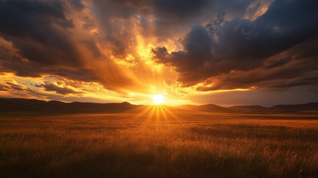 91.A mesmerizing sunset scene where the sun&acirc;&euro;&trade;s golden rays pierce through thick storm clouds, casting long shadows over the landscape while the sky transitions from warm to cool tones.