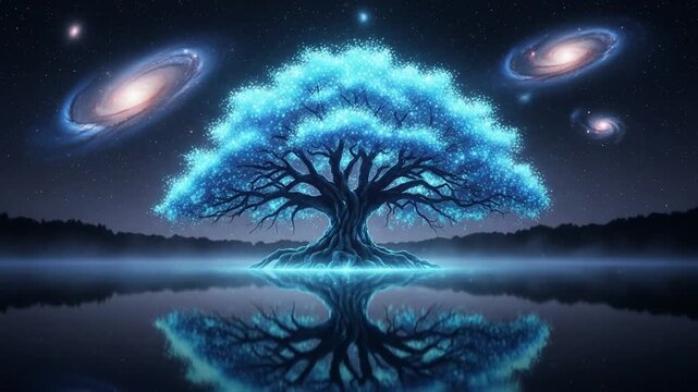 Mystical blue glowing tree reflected in calm water under a starry sky with galaxies