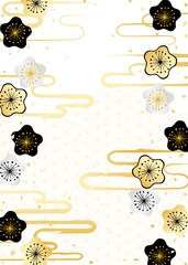 金銀の梅の花と日本の伝統模様を組み合わせた華やかな背景イラスト