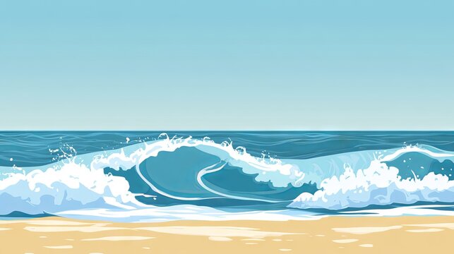63.A flat-design ocean scene featuring rolling waves, whitecaps crashing along the shore, and a distant horizon where the sea meets a clear blue sky.