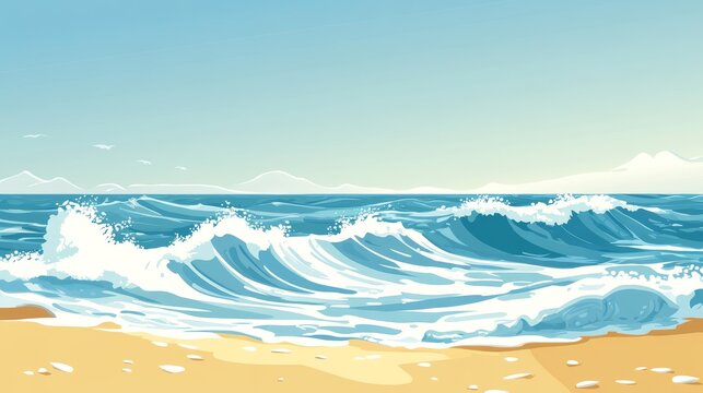 63.A flat-design ocean scene featuring rolling waves, whitecaps crashing along the shore, and a distant horizon where the sea meets a clear blue sky.