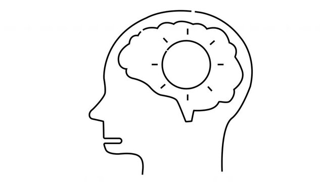 A linear graphic depicts a profile silhouette of a head with a brain containing a radiating circle inside