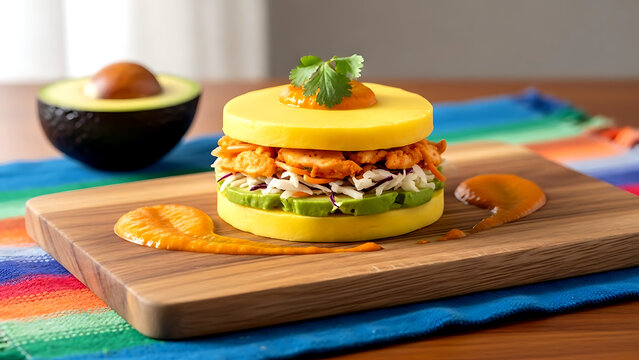 Still life, Rustic farmhouse style of Peruvian causa rellena layered with yellow potato, avocado, and a filling of spicy shredded cabbage and chicken, with aji amarillo sauce drizzle 