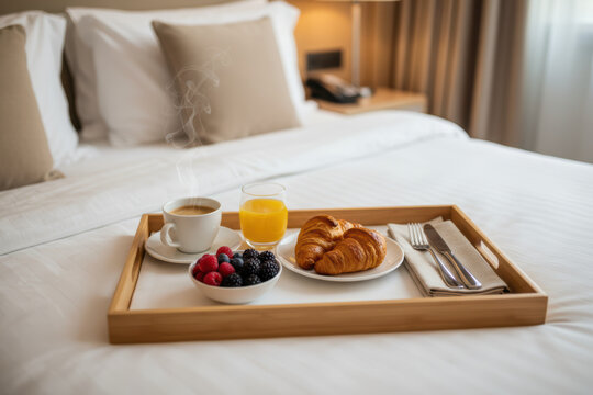 Delicious hotel breakfast on a wooden tray with coffee and fresh berries