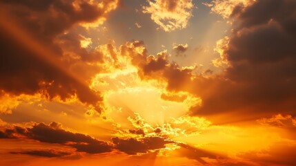 Fototapeta premium 89.Sunset Sky in the Evening with Orange, Yellow Sunlight on Golden Hour Sky, Dramatic Storm Clouds Summer Background