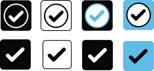 Checkmark icon set, square and circle vector pack, editable, isolated, black and blue design, UI clipart, approval symbols