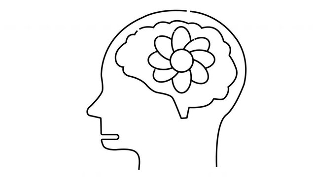 A head profile reveals a brain with a flower inside depicted in a simple line drawing