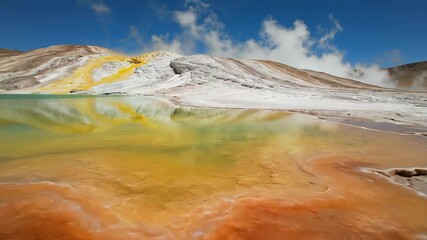 Vibrant geothermal landscape showcasing a colorful hot spring with mineralrich terraces and steaming vents under a clear blue sky reflecting the unique geological wonders of a volcanic region creatin.