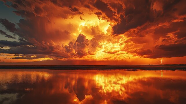 98.A stunning sunset overtaken by a fierce storm, with massive clouds reflecting hues of gold and crimson, while distant lightning flickers against the deepening twilight.