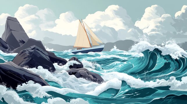 32.A stylized cartoon ocean storm illustration with a rugged coastline in the distance, turbulent waters crashing against jagged rocks, and a boat with its sail billowing as it navigates the