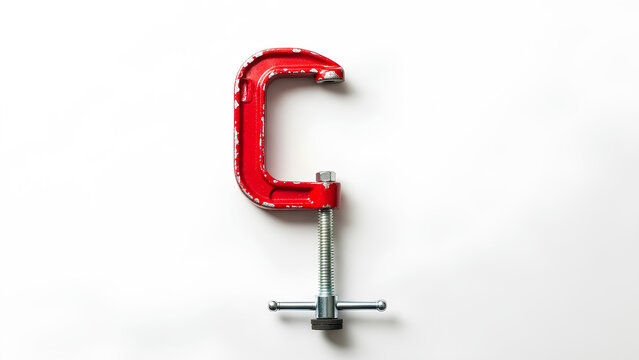 A vibrant red C-clamp tool isolated against a bright white background