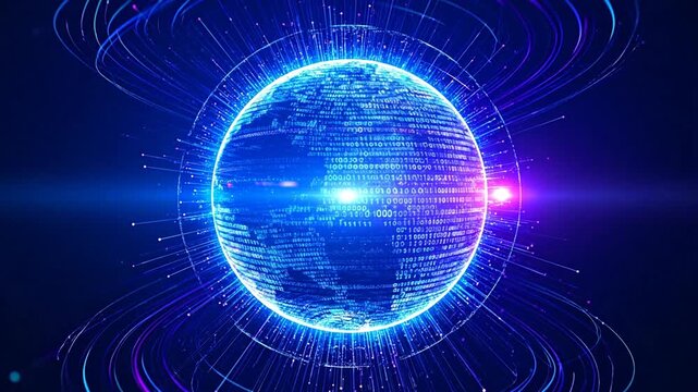 Glowing digital globe with binary code, surrounded by flowing lines and particles against a dark blue backdrop