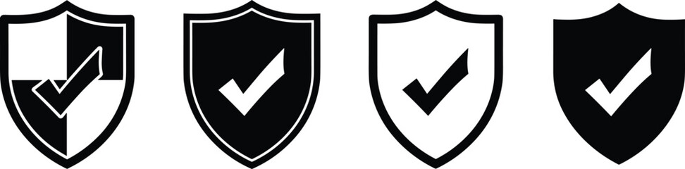 Shield checkmark icon set, security symbol vector pack, editable, isolated, black and white design, verification UI clipart © S.P