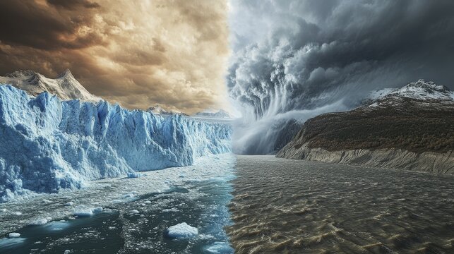 2.A high-impact visual of a melting glacier on one side and a raging typhoon on the other, representing the drastic weather changes linked to the El Ni&Atilde;&plusmn;o and La Ni&Atilde;&plusmn;a climate phenomenon.
