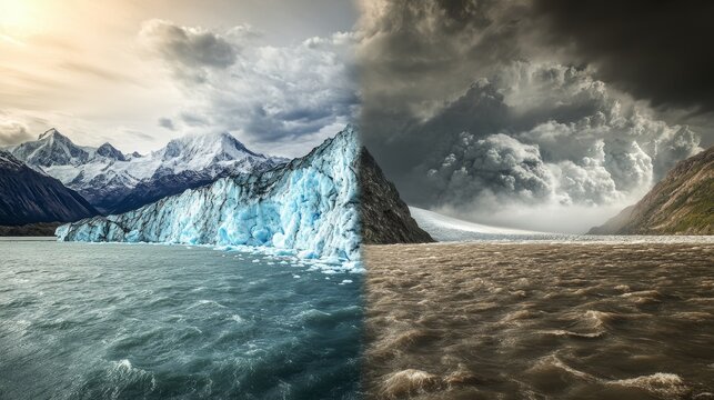 2.A high-impact visual of a melting glacier on one side and a raging typhoon on the other, representing the drastic weather changes linked to the El Ni&Atilde;&plusmn;o and La Ni&Atilde;&plusmn;a climate phenomenon.