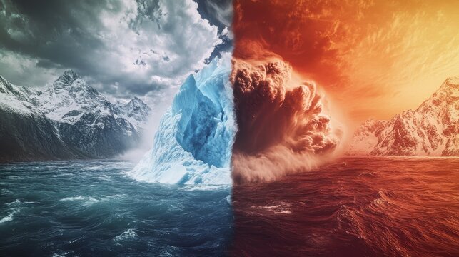 2.A high-impact visual of a melting glacier on one side and a raging typhoon on the other, representing the drastic weather changes linked to the El Ni&Atilde;&plusmn;o and La Ni&Atilde;&plusmn;a climate phenomenon.