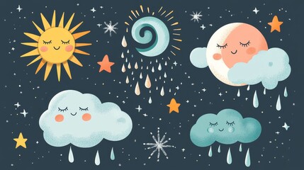 58.A whimsical weather icon set featuring a sun winking playfully, a gloomy rain cloud crying tiny teardrop-shaped raindrops, a twisting tornado with a cheeky grin, and a sleepy moon wrapped in a