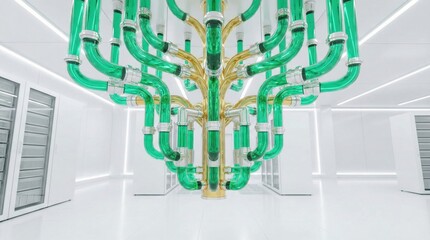 Futuristic Quantum Computer with Golden and Green Chandelier Design in White Server Room. Concept for Artificial Intelligence, Big Data and Advanced Technology