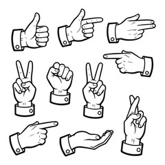 Set of hand gestures in clean vector style, expressive human hands showing different signs and poses, simple graphic illustration, hand gestures, hand signs, hand poses, human hands, gesture set