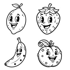 Black and white cartoon fruit characters with smiling faces, lemon, strawberry, banana and apple in clean outline style, playful vector set. cute fruit, cartoon fruit, fruit character, kawaii fruit