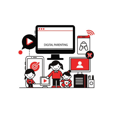 Digital parenting concept illustration. Family with children using computer and smartphone technology. Flat outline vector graphic for online safety