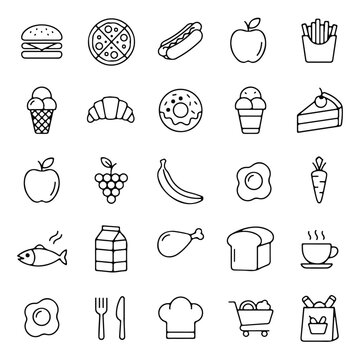 Set of outline food icons in black and white line style, clean minimal contour symbols, simple vector collection, food icons, kitchen icons, food set