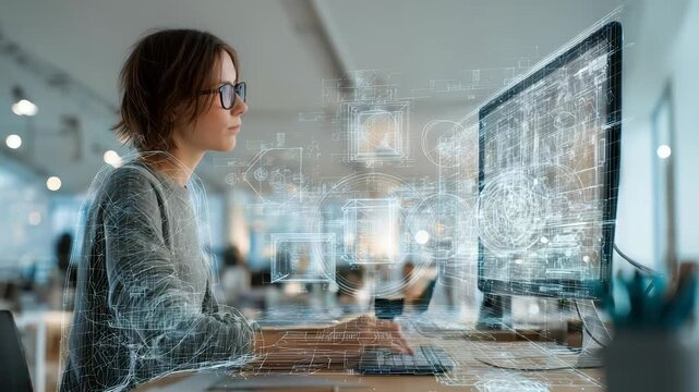 Professional female programmer or data analyst is immersed in her work at sleek office desk, with holographic digital elements overlaying scene. Environment highlights innovation, technology trends