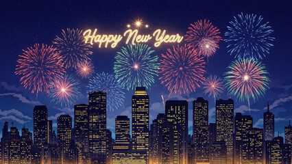Fototapeta premium New Year Fireworks over City Skyline: Vibrant fireworks explode in a dazzling display over a sprawling city skyline, illuminating the night sky with a message of Happy New Year.