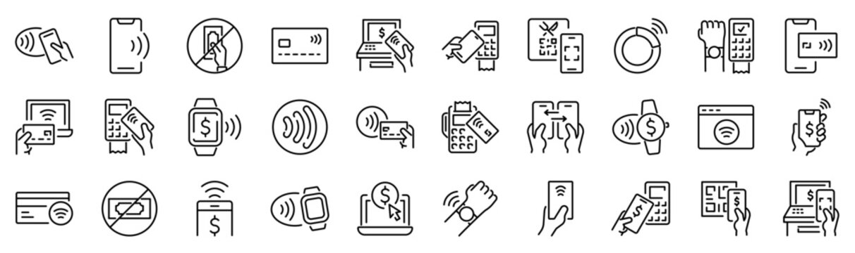 Set of 30 outline icons related to contactless pay. Linear icon collection. Editable stroke. Vector illustration