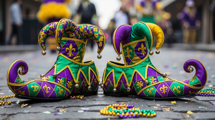 Jester shoes costume in vibrant colors for Mardi Gras celebration on the street