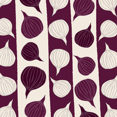 Seamless pattern with purple and white onions on maroon vertical stripes