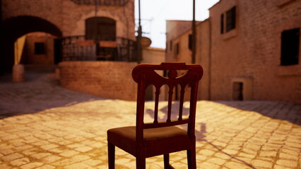 A solitary wooden chair is placed in a quiet, sunlit cobblestone street. The warm glow of sunset creates a tranquil atmosphere, inviting reflection in a historic town setting.