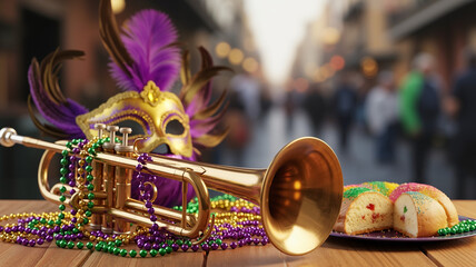 Trumpet on table with Mardi Gras mask and festive treats in a bustling street background, with copy space